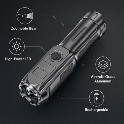 Linterna Táctica LED 100000 Lúmenes – Recargable por USB, Zoom Ajustable, Resistente al Agua